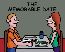 A memorable date becomes even more memorable for a guy once dinner arrives. His date doesn't realize what's going on.