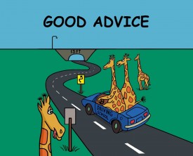 A giraffe who is a driving instructor gives some good advice to his student. The advice applies to life as well as to driving.