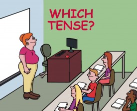Tense is a category that expresses time reference. When a teacher asks the class to identify the tense of a sentence, one boy shows he understands fully.