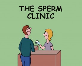 At the sperm clinic, a man makes an enormous deposit. The nurse shows her gratitude as he heads out the door. She's only being polite!