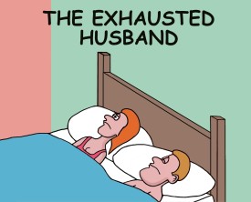 An exhausted husband, after lying down in bed, tells his wife that work totally sucked today. He signals nothing sounds better than a good night's sleep.