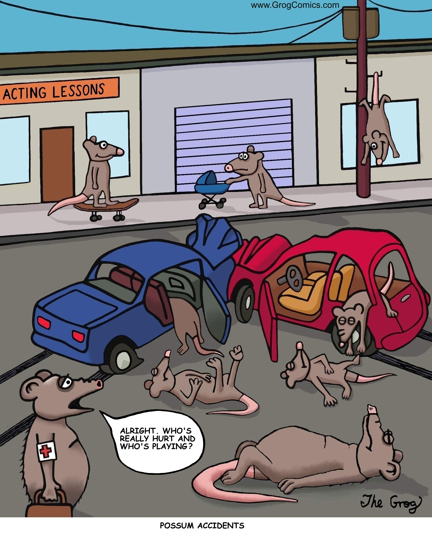 A possum arrives at the scene of a terrible car accident. He’s a skilled emergency medical technician who wants to administer first aid. However, he has a problem as he looks at all the possum casualties. He yells to everyone, “Alright, who’s really hurt and who’s playing?”
